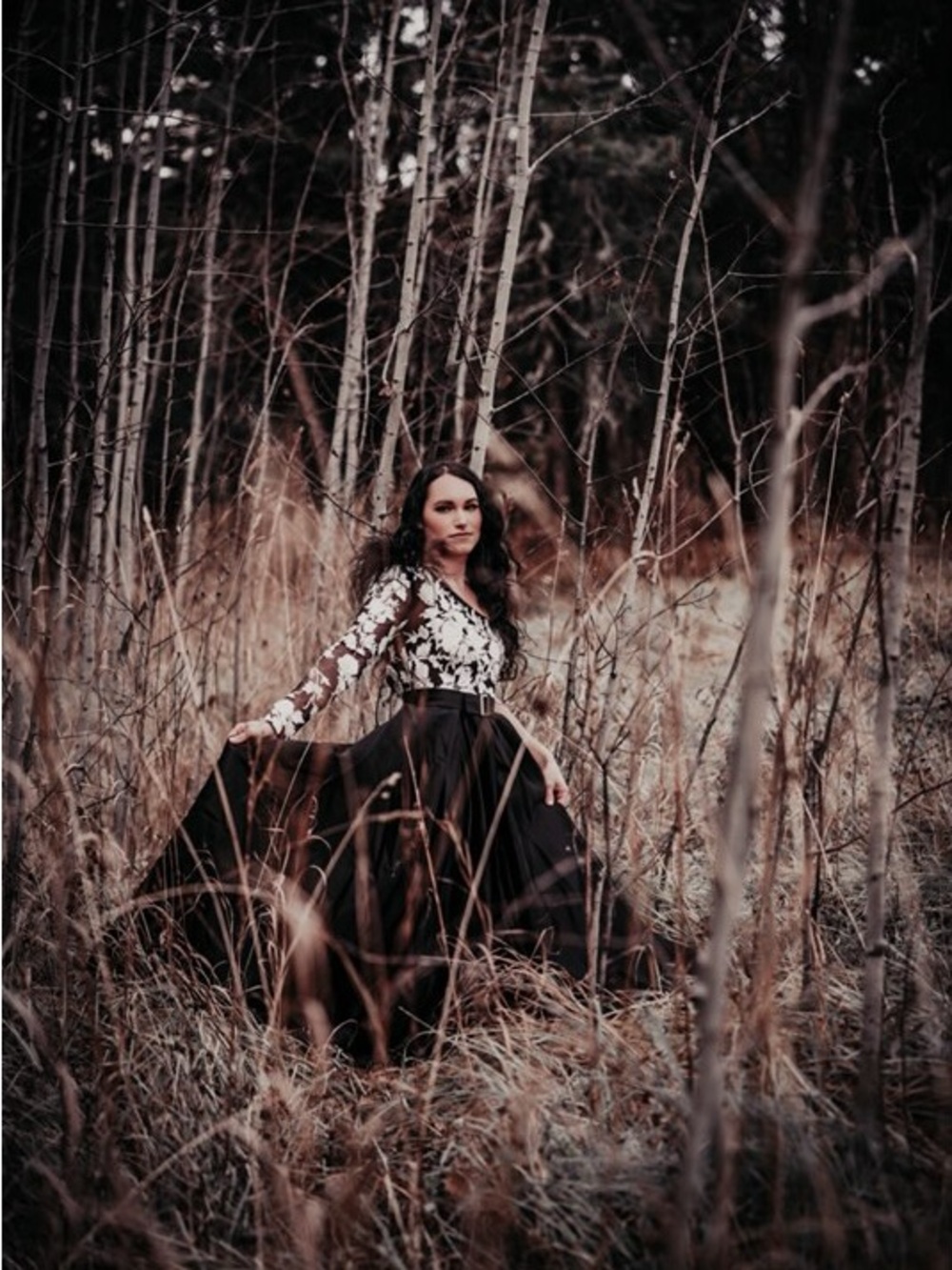 Black and White Floral Long Sleeve Fit-and-Flare Dress